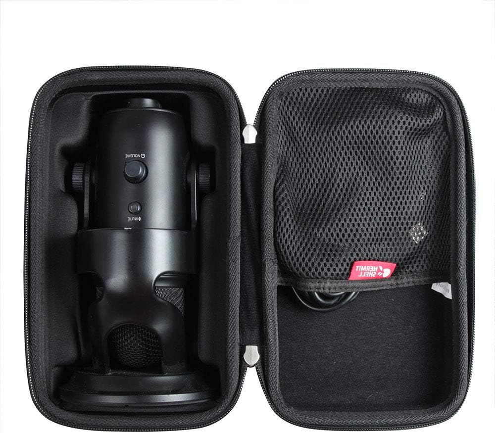 Capa de viagem Hermitshell preta resistente para microfone Blue Yeti USB com bolso de malha e alça para transporte.