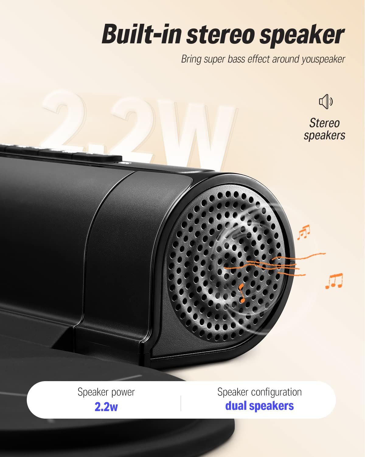 Alto-falante estéreo embutido da bateria Donner DED-20 com potência de 2.2W e configuração dual speakers.