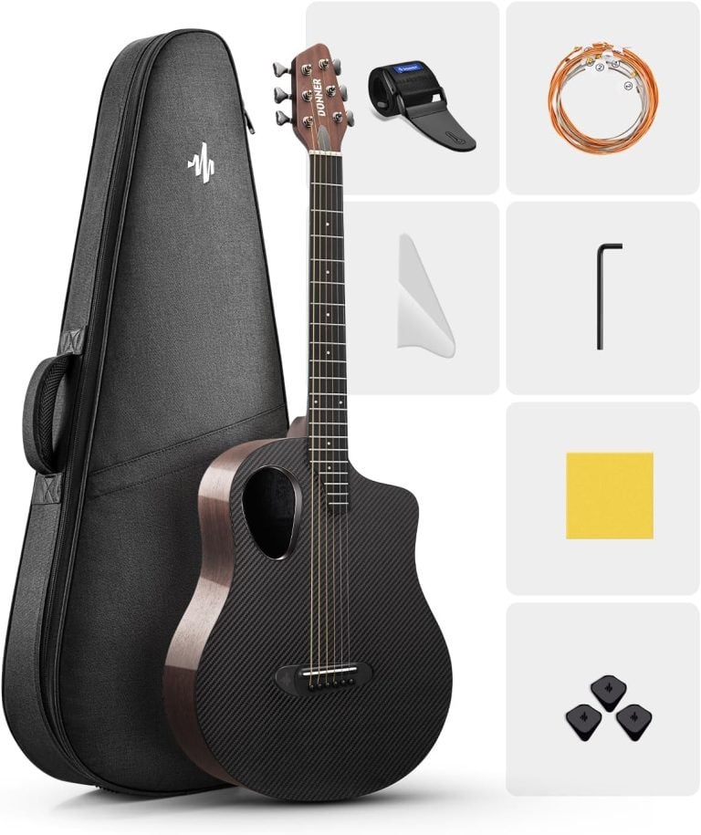 Guitarra acústica Donner RISING-G1 em madeira de mogno africano e fibra de carbono preta brilhante com acessórios