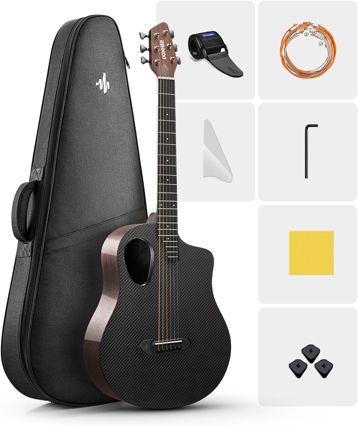 Guitarra acústica Donner RISING-G1 em madeira de mogno africano e fibra de carbono preta brilhante com acessórios