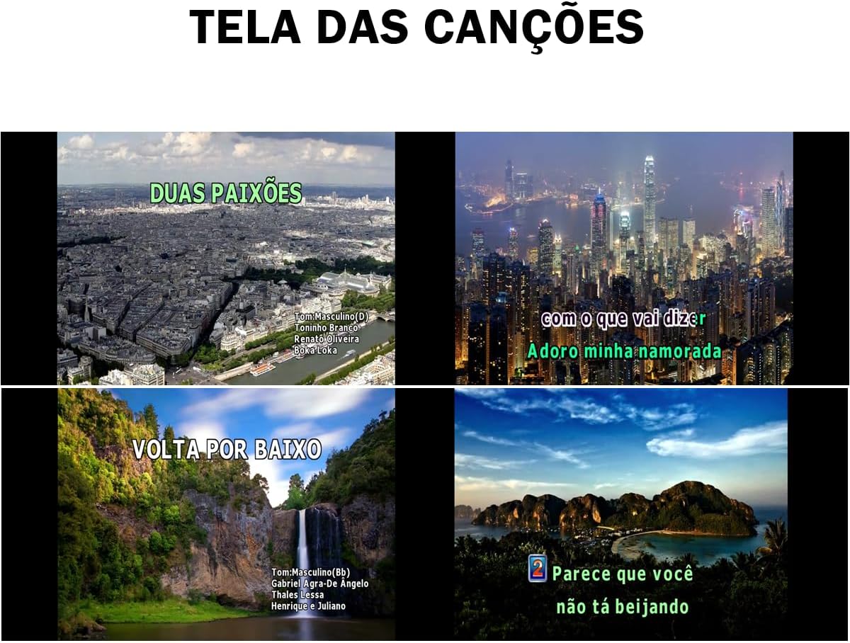 Tela do Karaoke Party Box mostrando quatro canções com letras e imagens de fundo.