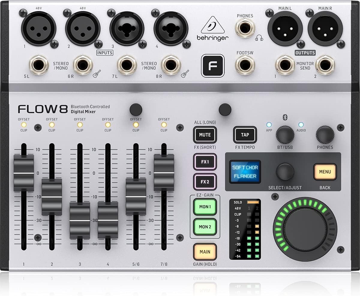 Mesa de som digital Behringer Flow 8 vista superior detalhada com controles e conexões.