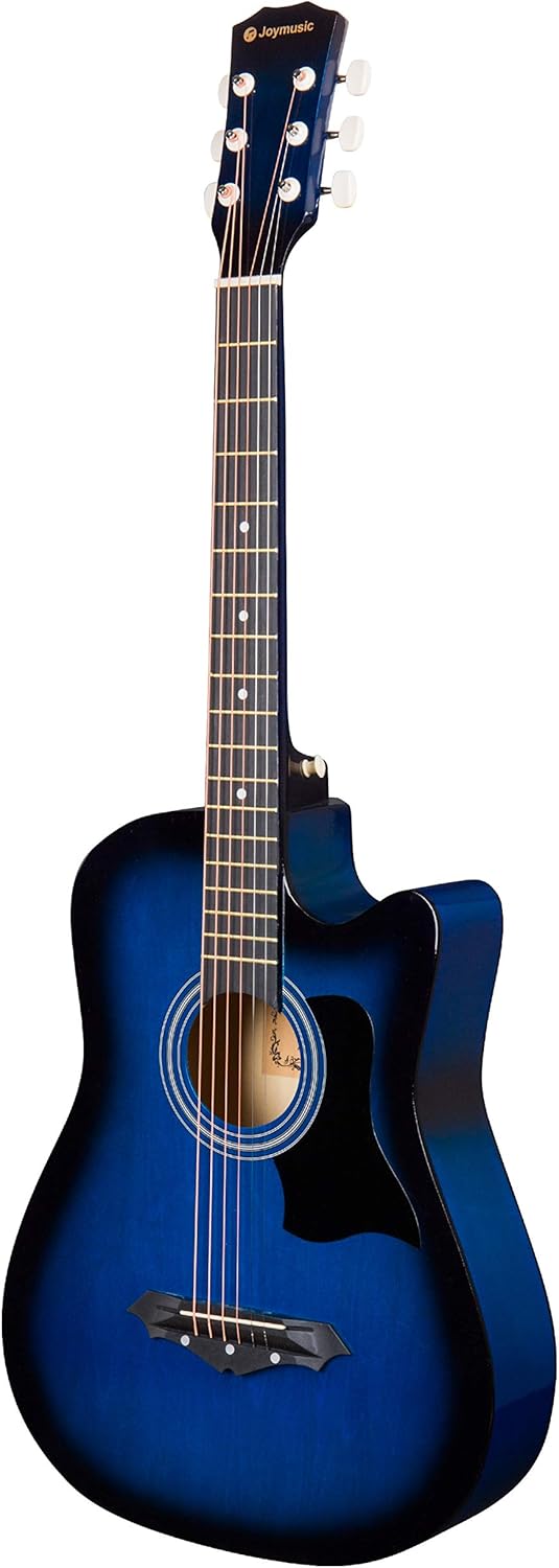 Violão acústico Joymusic JG-38C Blueburst brilhante vista lateral mostrando o corte e acabamento brilhante.