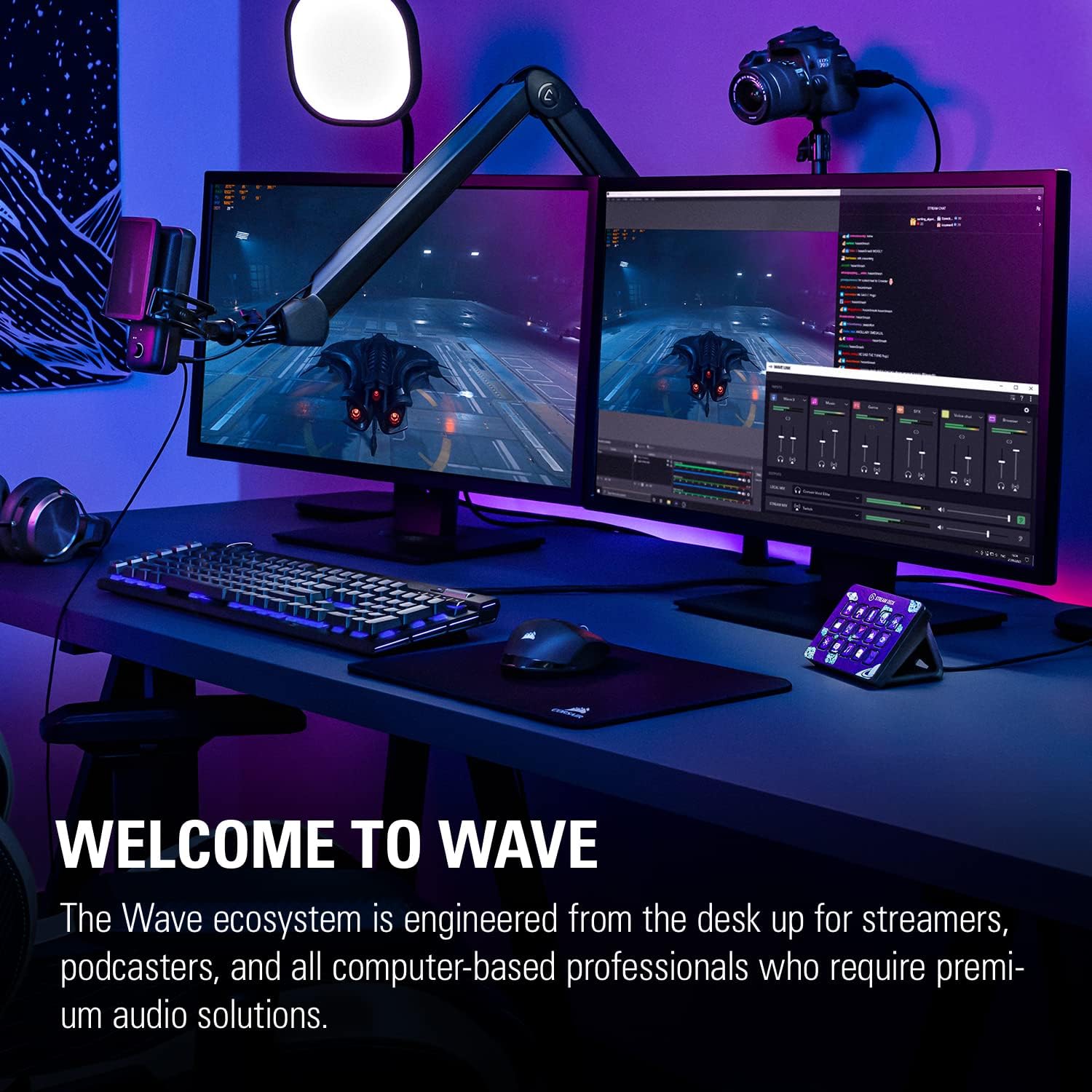 Setup gamer com braço de microfone Elgato Wave, microfone, monitores e iluminação de estúdio