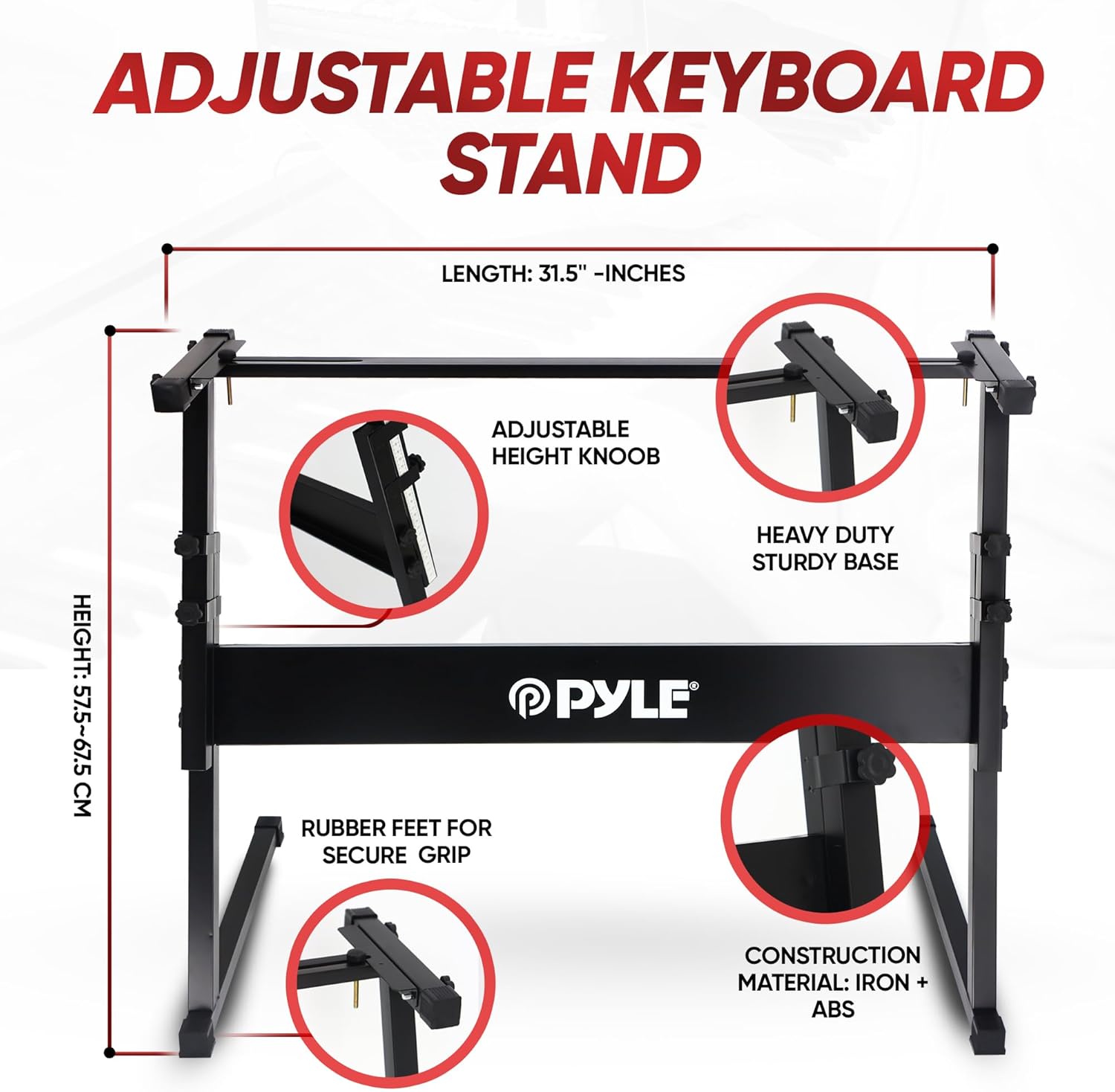 Suporte de teclado ajustável Pyle com base resistente, ajuste de altura e pés de borracha antiderrapantes.