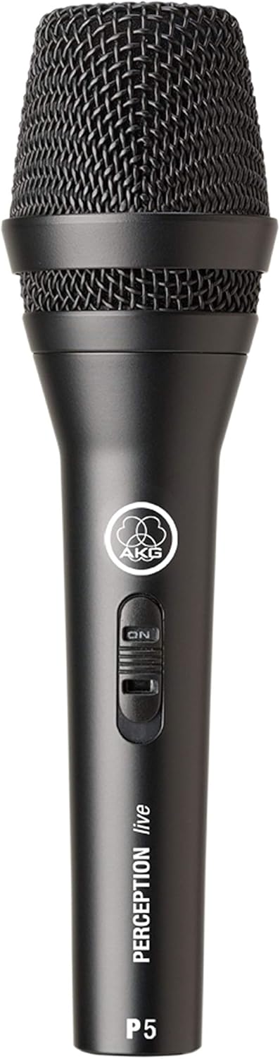 Microfone dinâmico profissional AKG P5 S preto com padrão supercardioide, botão liga/desliga e acabamento fosco.