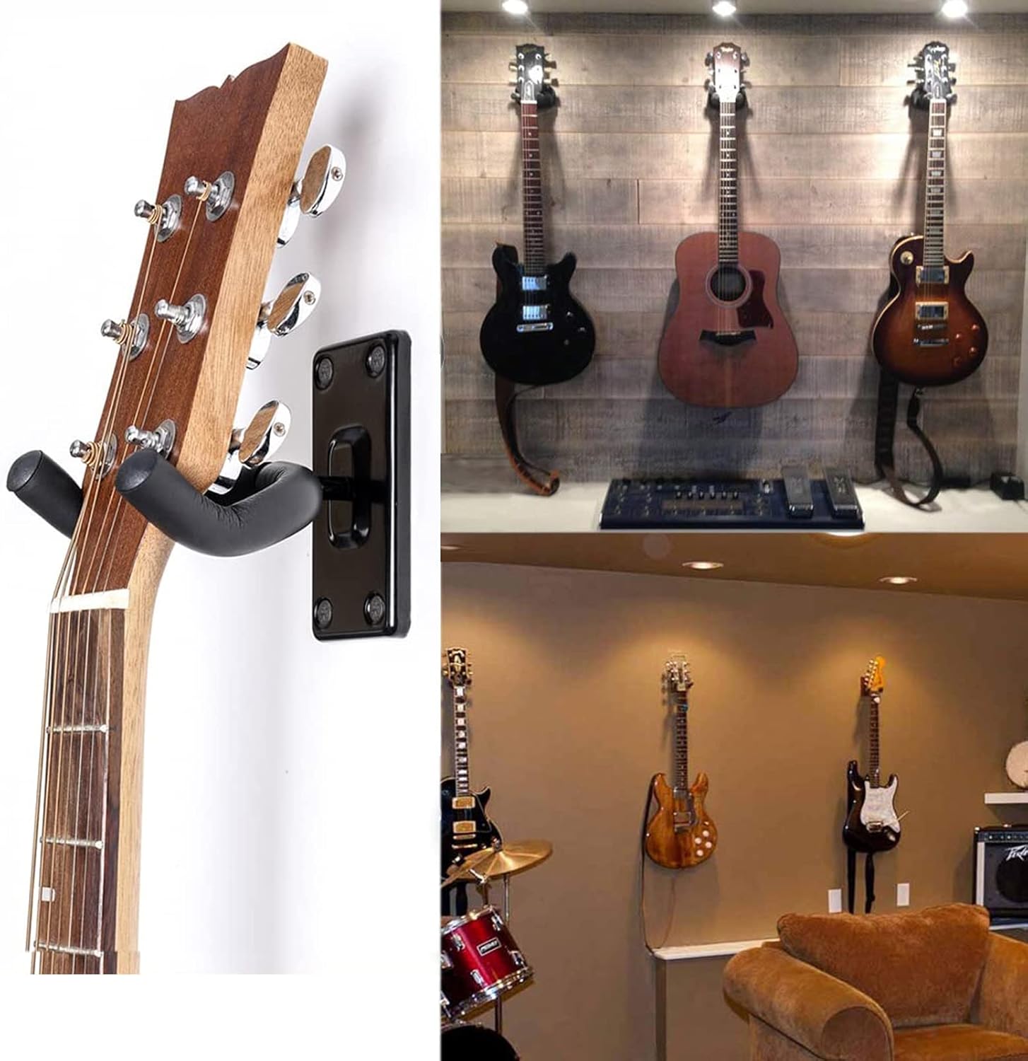 Suporte de parede para guitarra com gancho duplo preto com guitarra pendurada, ambiente com várias guitarras penduradas