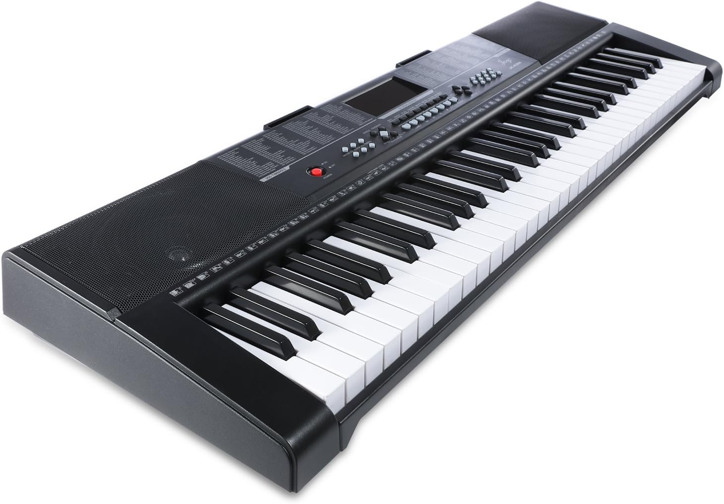 Teclado eletrônico JOYMUSIC preto em vista lateral com display digital e botões de controle.