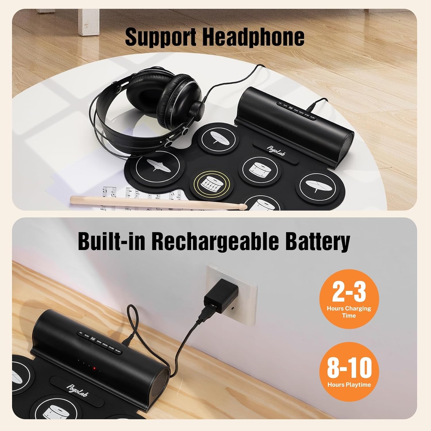 Bateria eletrônica PogoLab com suporte para fones de ouvido e bateria recarregável com longa duração.