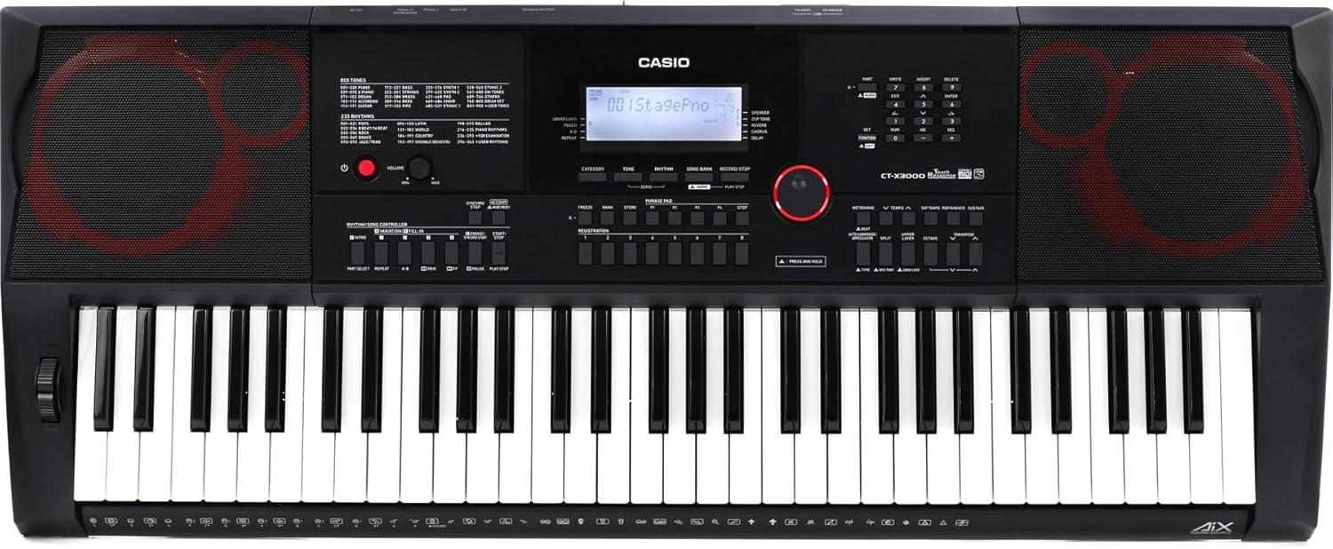 Teclado Casio CT-X3000 arranjador com 61 teclas sensíveis ao toque, alto-falantes e tela LCD, preto com detalhes vermelhos.