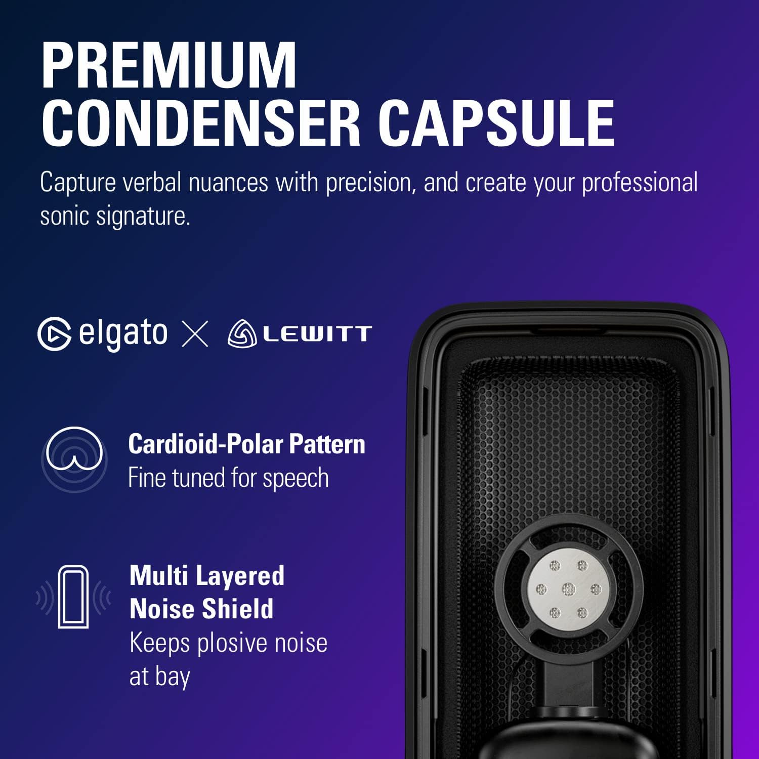 Cápsula condensadora premium do microfone Elgato Wave 3 com especificações técnicas em inglês
