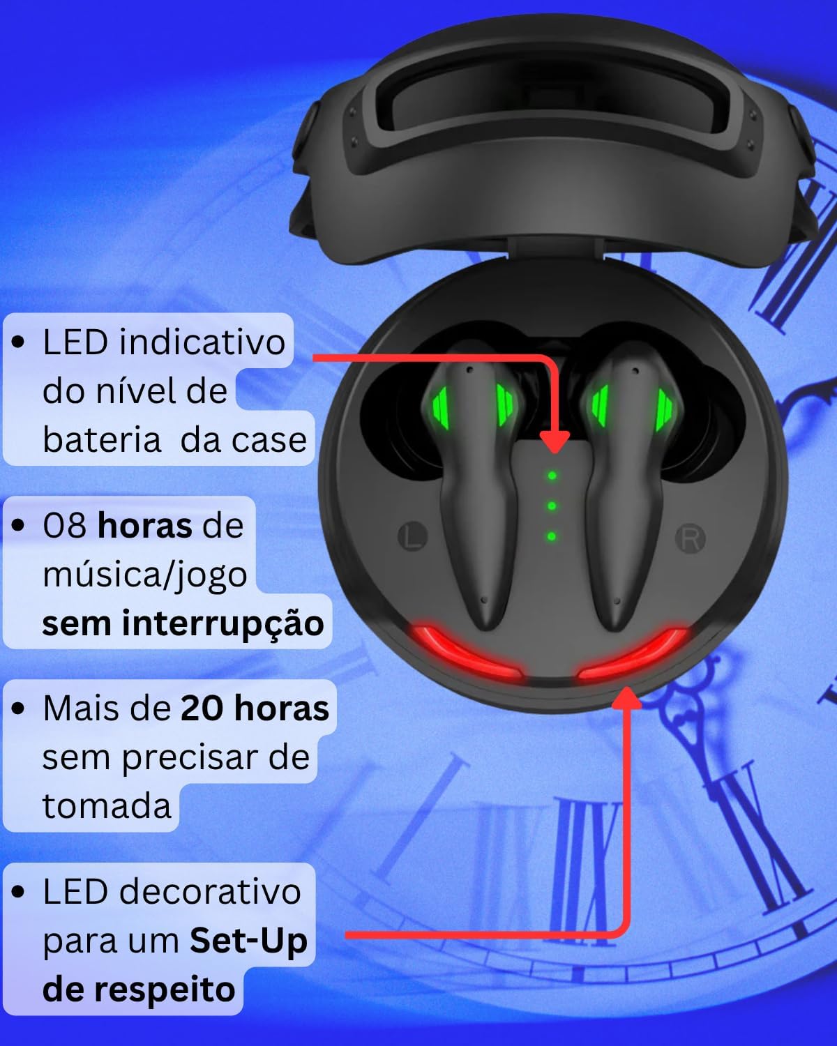 Case do fone A'Gold FN-B48 com indicação LED de bateria e longa duração de uso.