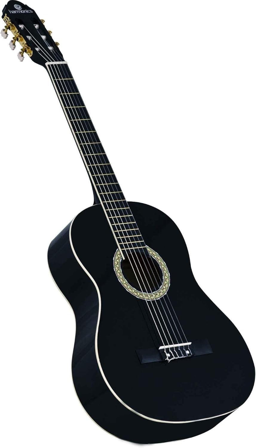 Violão Harmonics GC-10BK Nylon Preto com Verniz Brilhante em ângulo inclinado, destacando detalhe da roseta e tarraxas douradas.