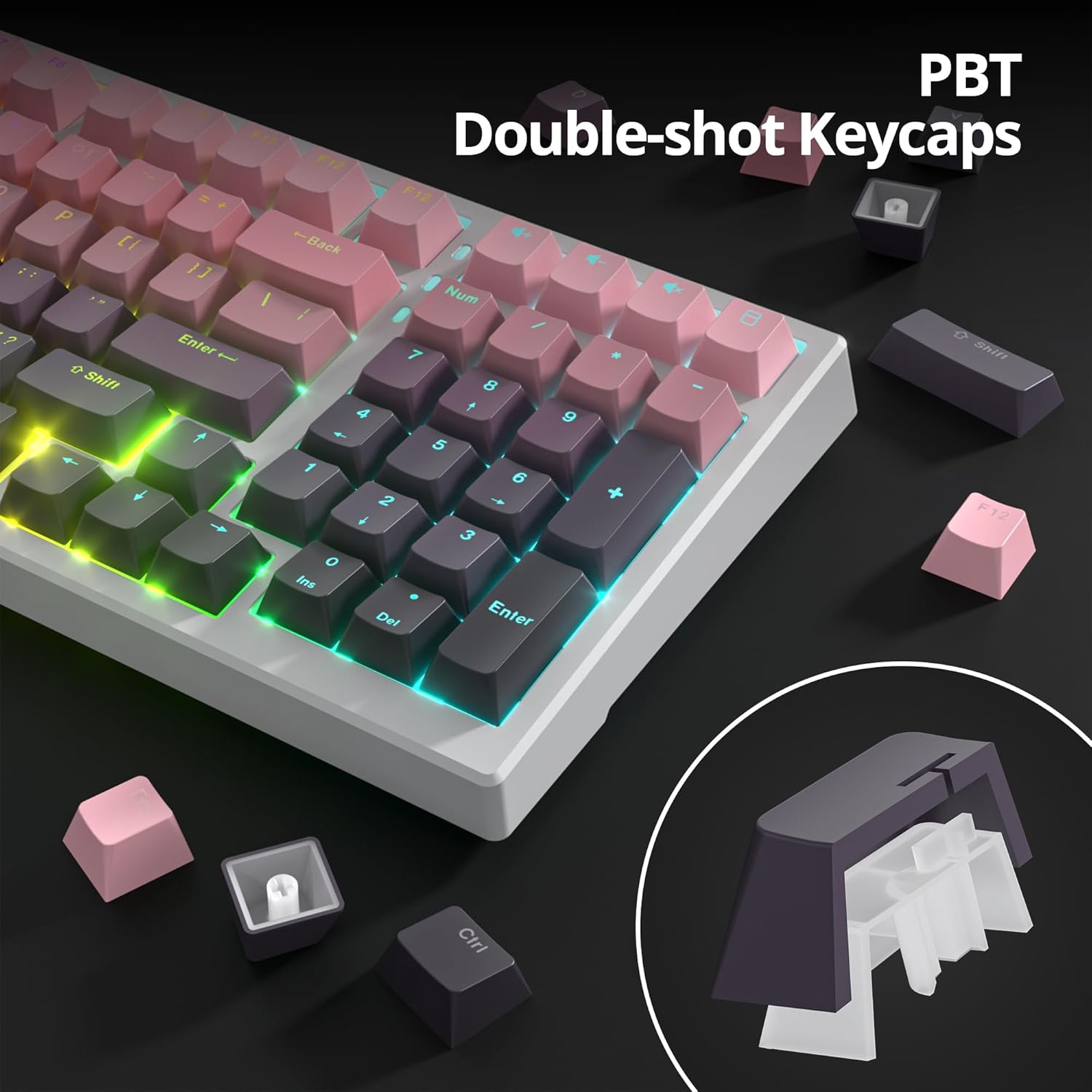Conjunto de teclas double-shot em PBT para teclado mecânico com gradiente de rosa a cinza e retroiluminação.