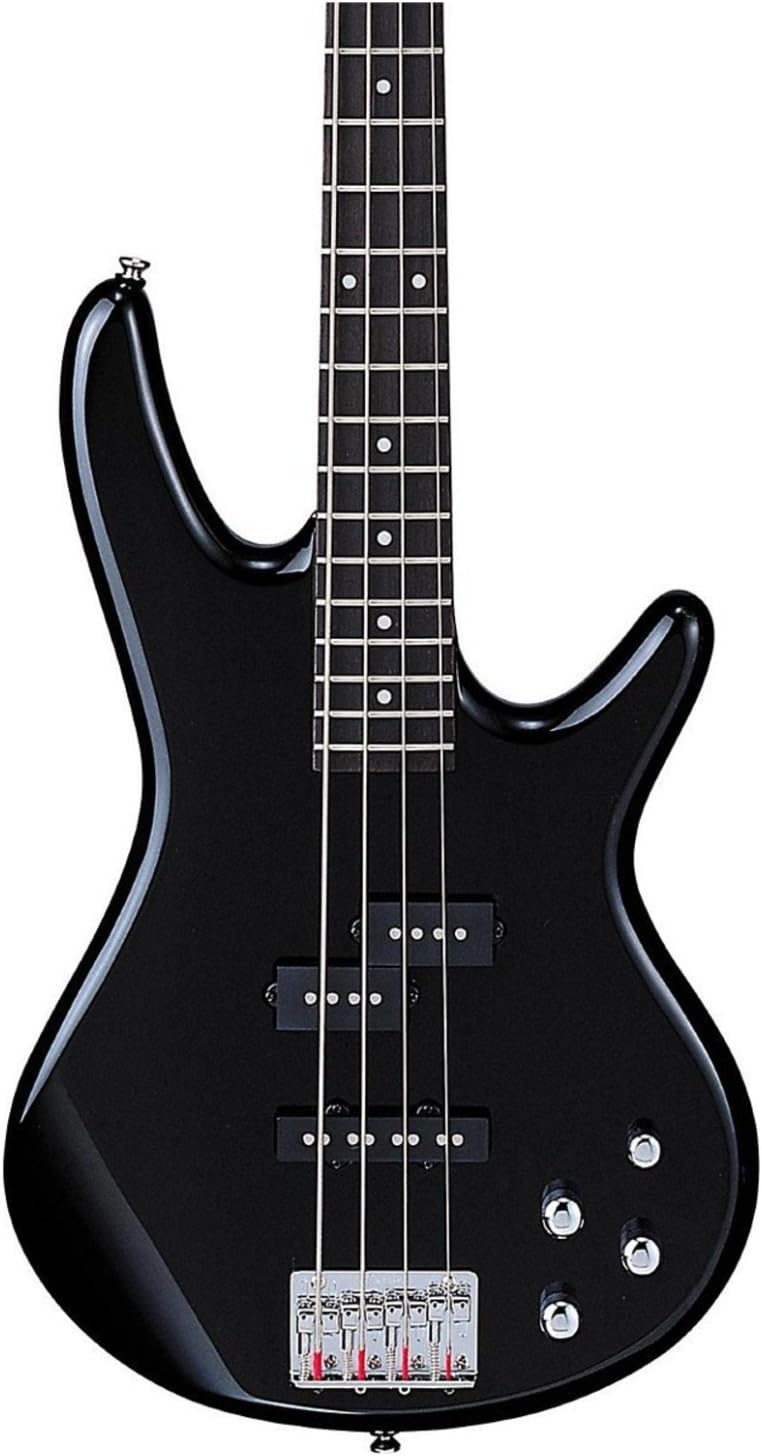 Detalhe corpo contrabaixo Ibanez GSR200BK preto brilhante com captadores split coil e controles cromados