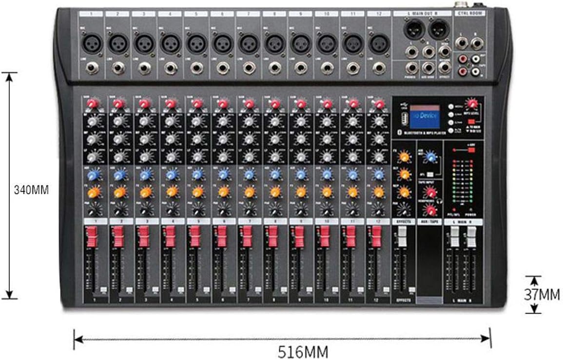 Mesa de som Lelong 12 canais digital preta com Bluetooth, dimensões 516x340x37 mm
