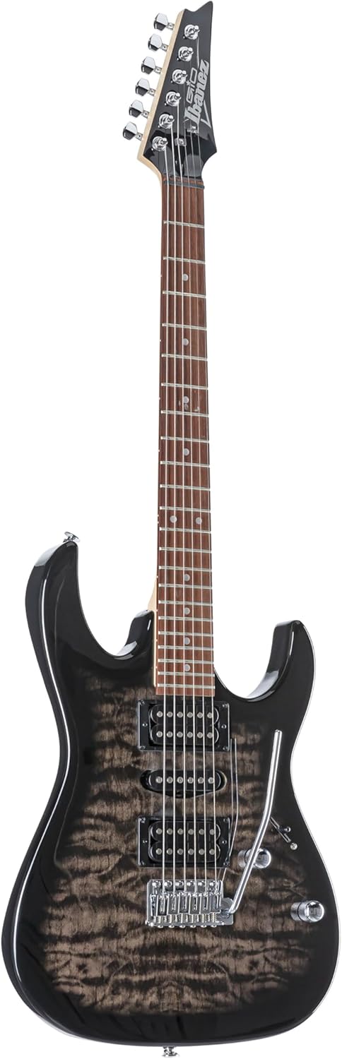 Cabeça da guitarra elétrica Ibanez GRX70QA TKS preta com logo Ibanez e tarraxas cromadas