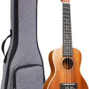 Ukulele Ranch de concerto 58 cm com capa cinza e logo Ranch na cabeça do instrumento
