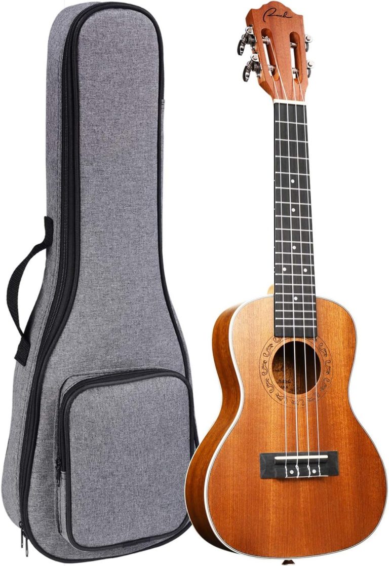 Ukulele Ranch de concerto 58 cm com capa cinza e logo Ranch na cabeça do instrumento