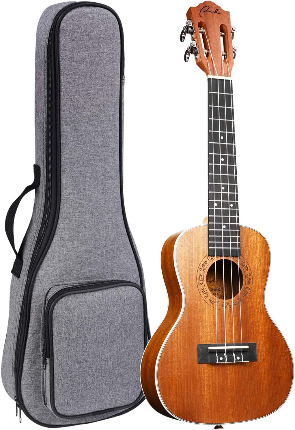 Ukulele Ranch de concerto 58 cm com capa cinza e logo Ranch na cabeça do instrumento