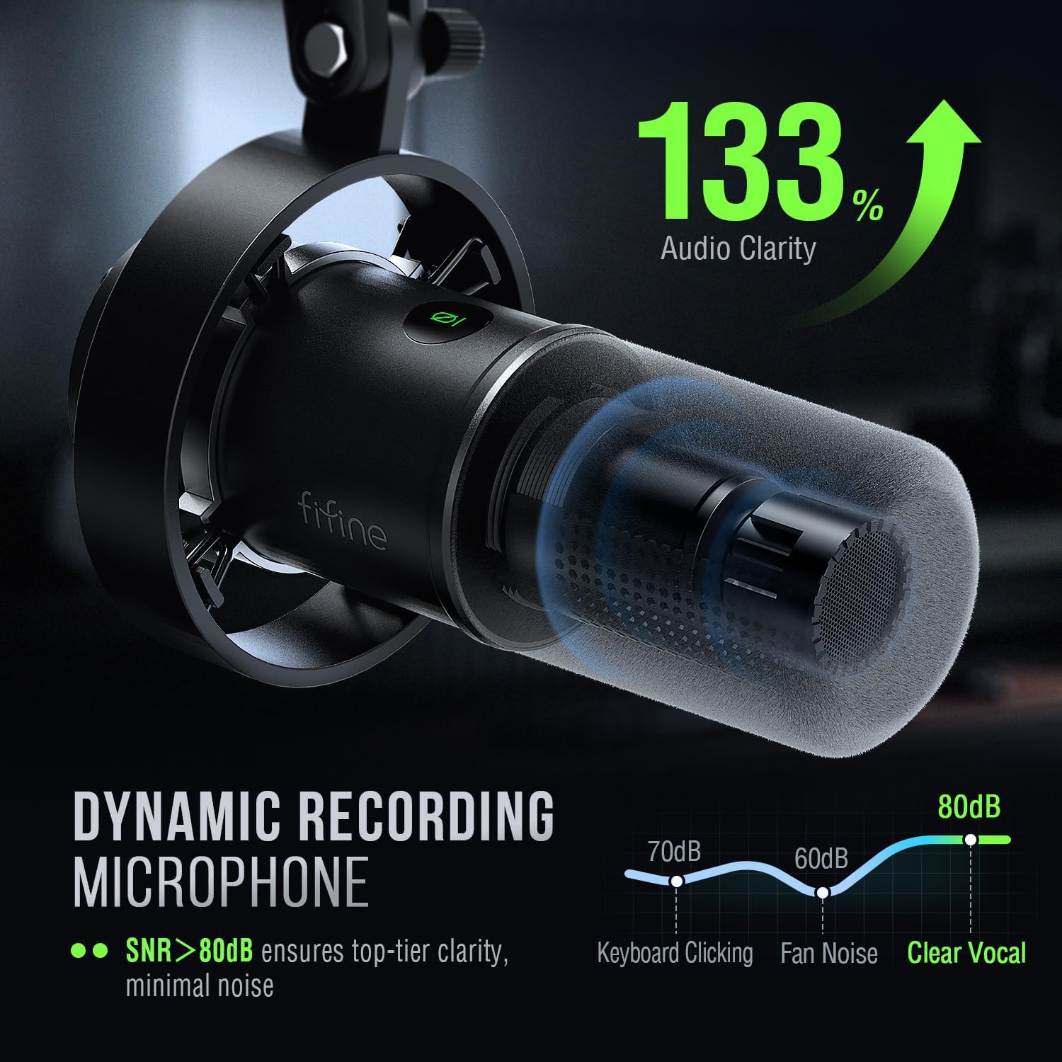 Microfone Fifine K688 com alta clareza de áudio e redução de ruído ambiente para gravação vocal.