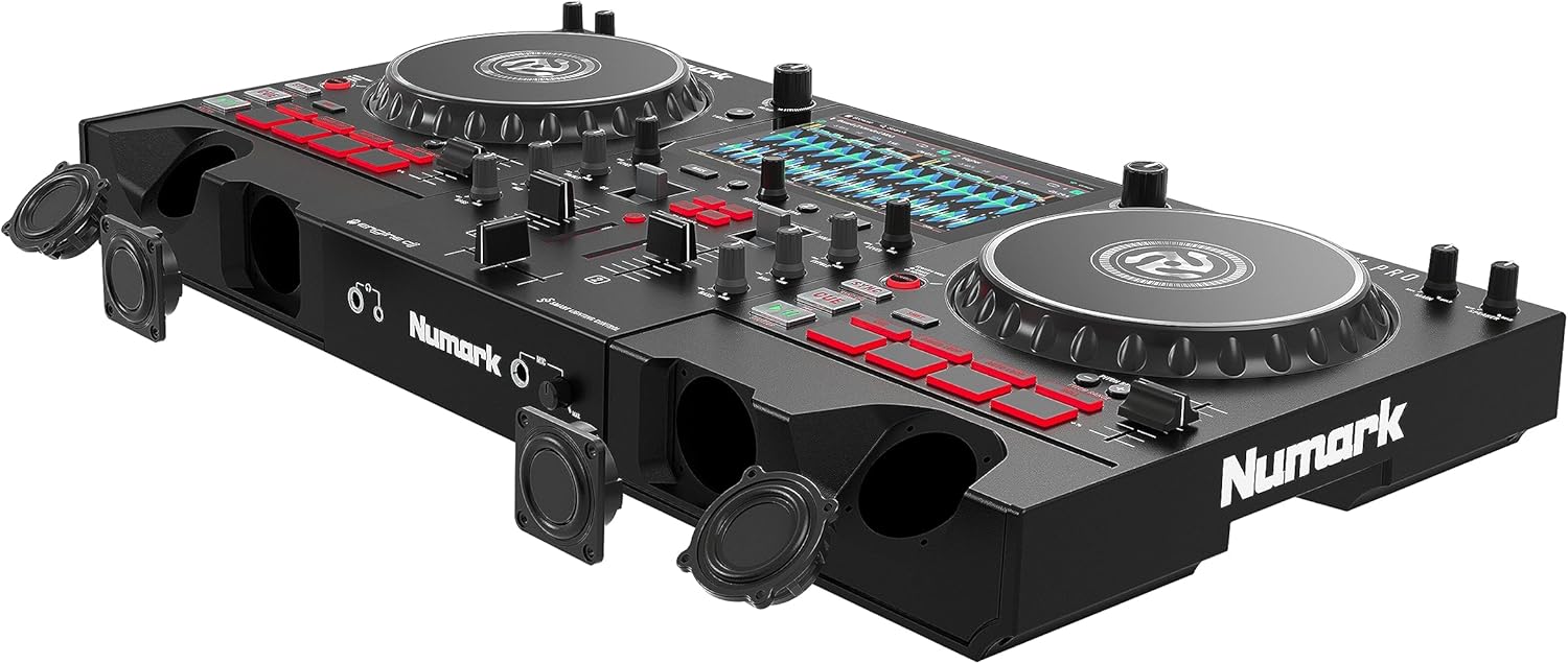 Controlador DJ Numark Mixstream Pro preto com tela colorida e alto-falantes embutidos