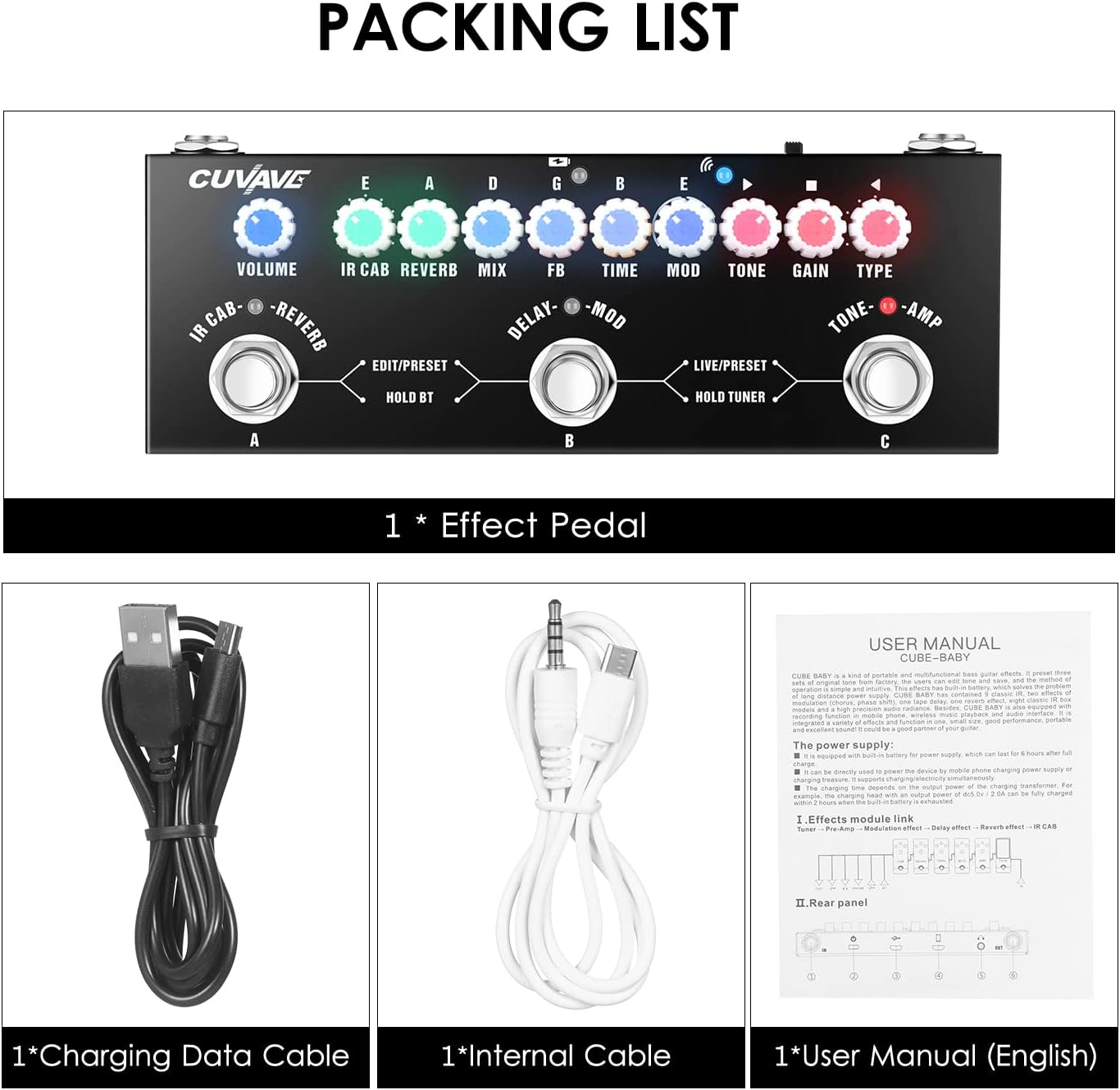 Conteúdo da embalagem do pedal de efeitos CUVAVE BHCASE CUBE BABY com cabos e manual.