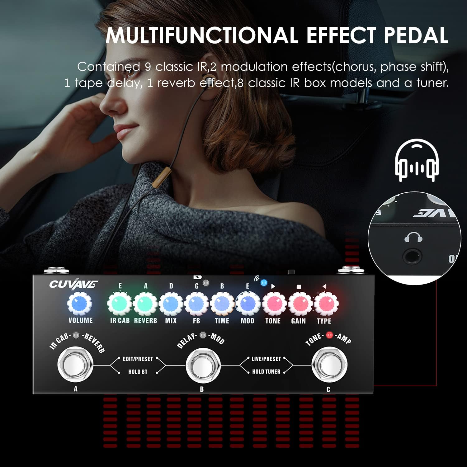 Pedal de efeitos multifuncional CUVAVE BHCASE CUBE BABY com mulher usando fones explicando recursos.