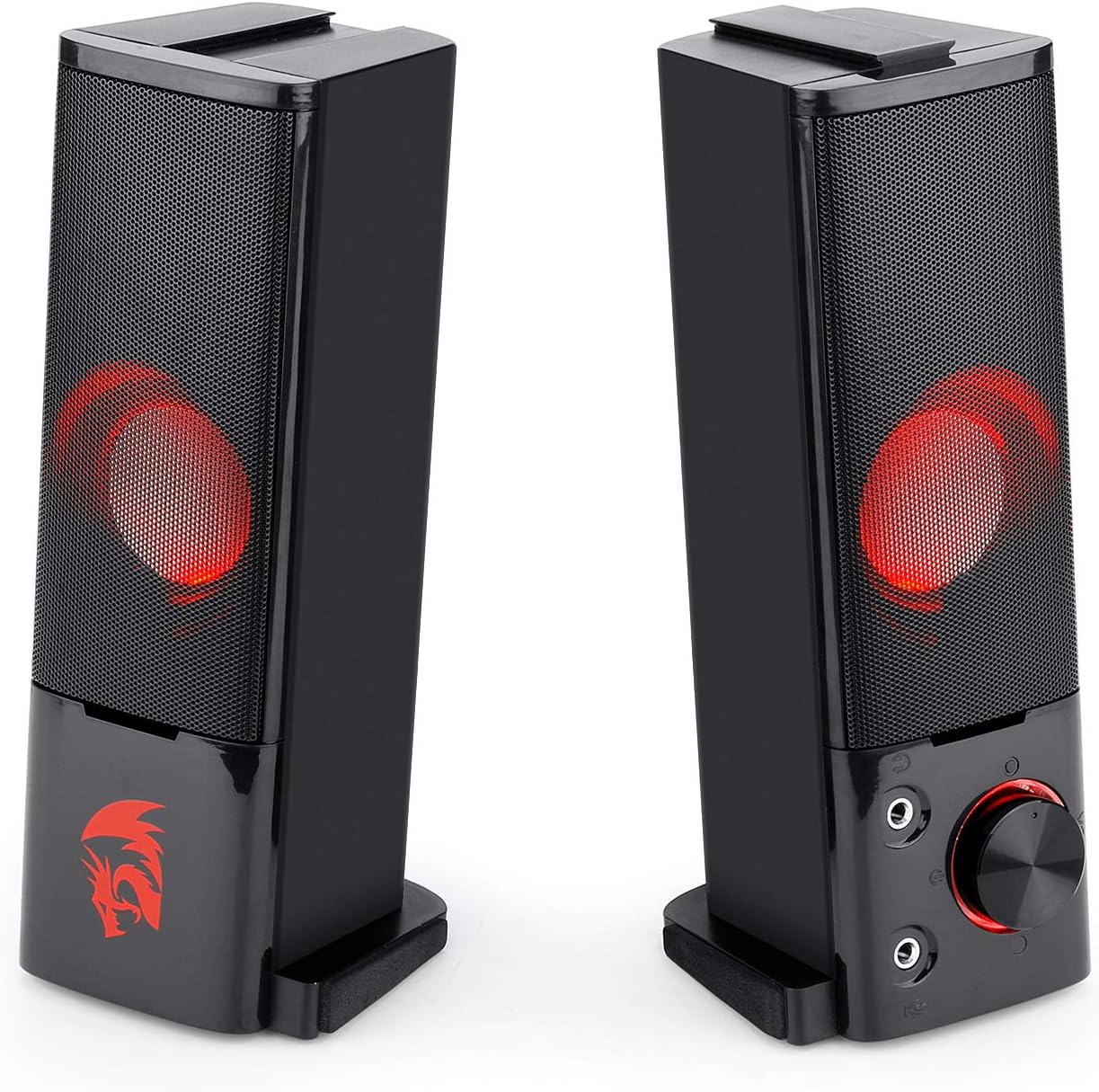 Par de alto-falantes Redragon Orpheus GS550 com controle de volume e LEDs vermelhos internos.