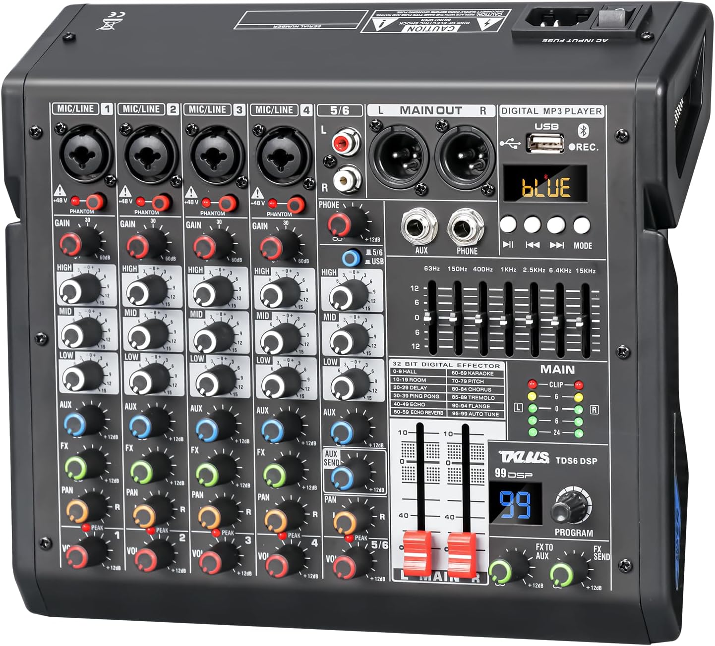 Mixer de áudio profissional TKLBLS TDS6 DSP 6 canais com Bluetooth, equalizador de 7 bandas e entrada USB
