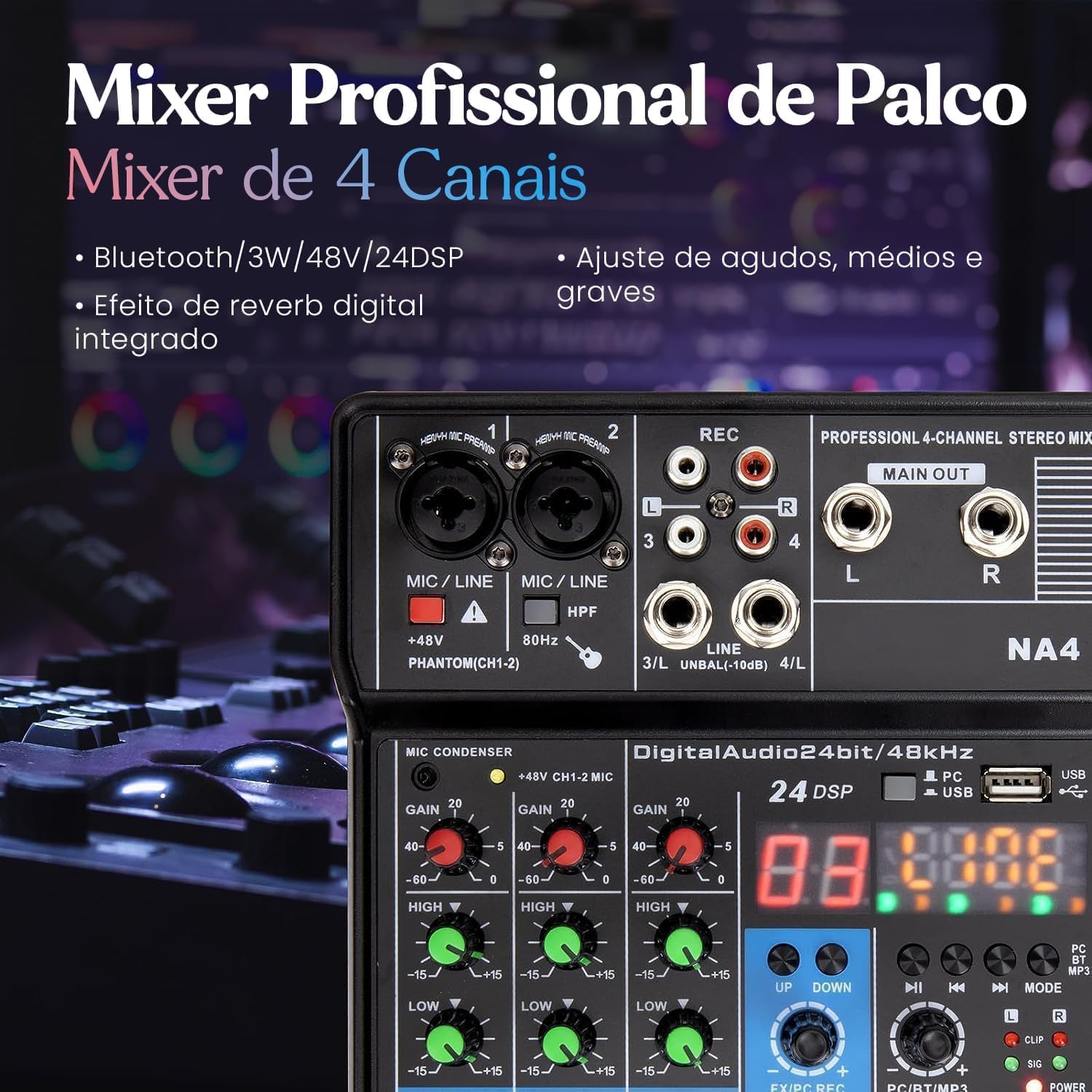 Mixer profissional TEYUN NA4 4 canais com Bluetooth, phantom power 48V, efeitos digitais e equalização ajustável