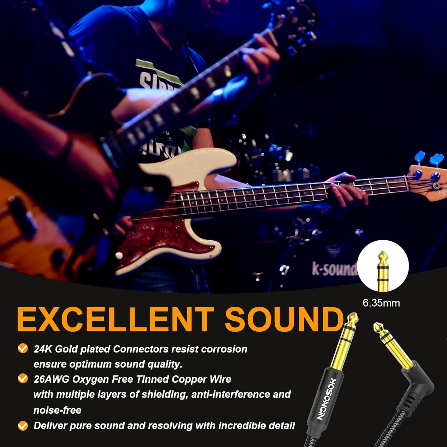 Cabo para guitarra HOSONGIN P10 6,35 mm com conectores banhados a ouro 24K e som excelente