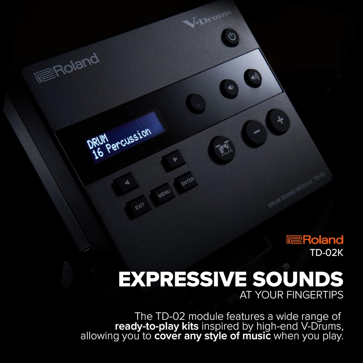 Módulo de som Roland TD-02K com tela digital e controle de som, oferecendo sons expressivos e variedade de kits musicais.