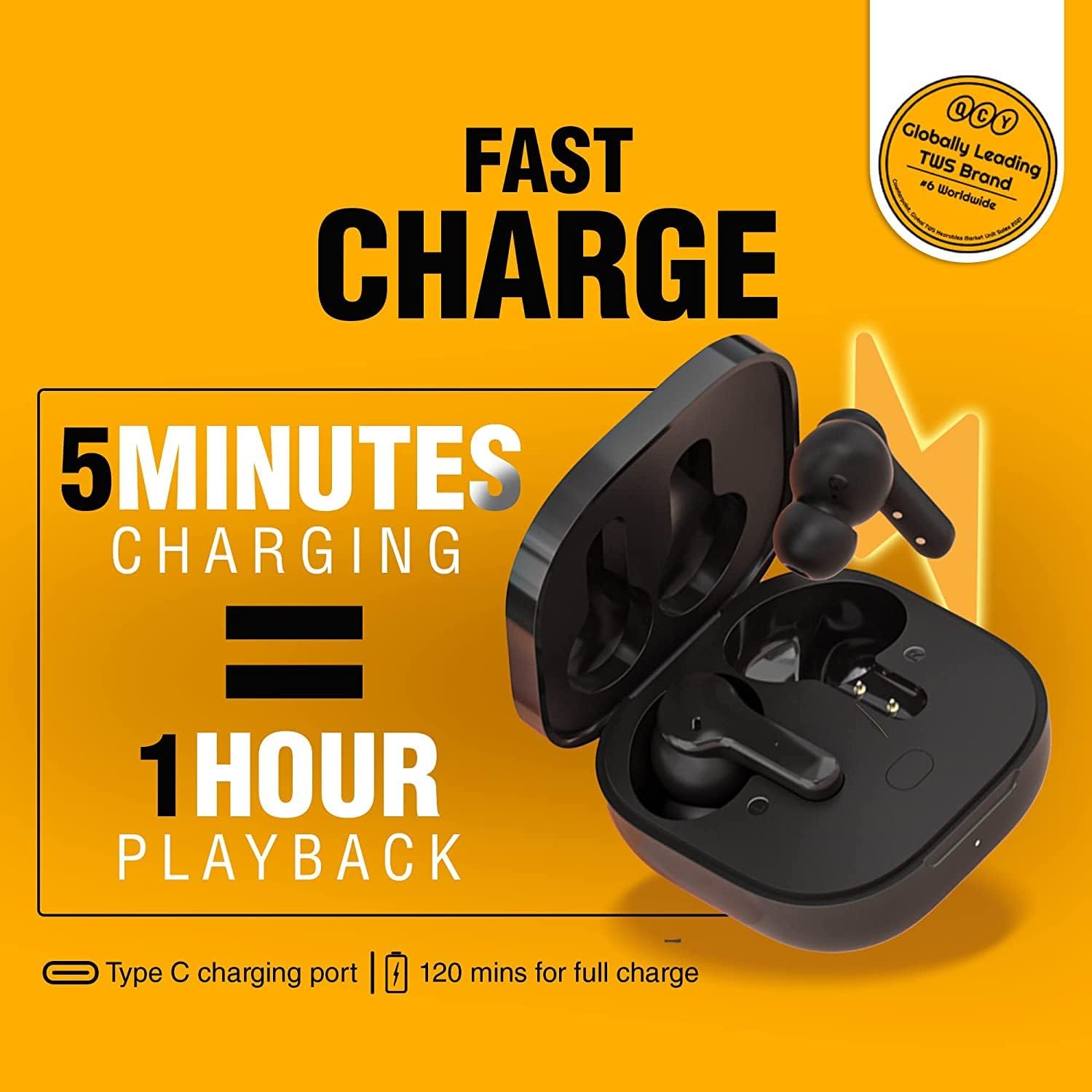 Carregamento rápido QCY T13 com 5 minutos para 1 hora de uso e porta USB tipo C