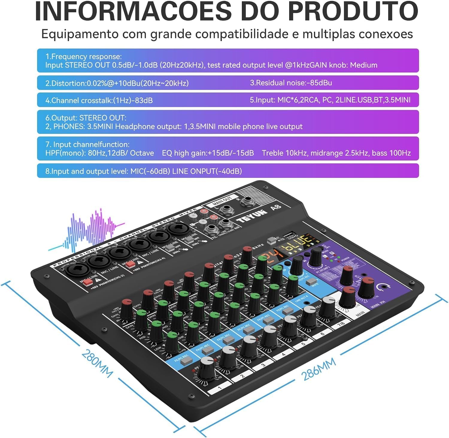 Mesa de som TEYUN A8 com especificações técnicas detalhadas, múltiplas entradas e saídas, e dimensões compactas