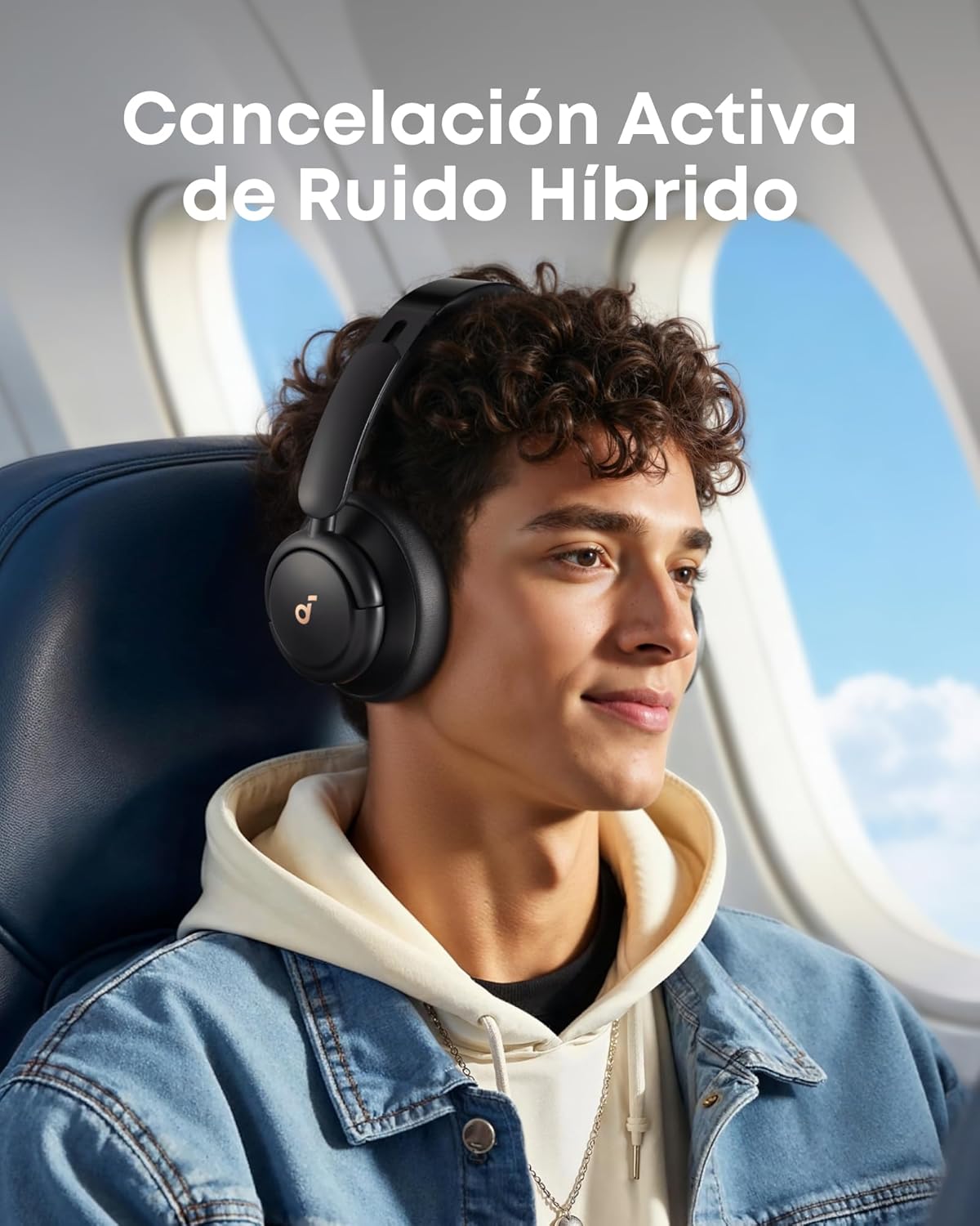 Homem usando fone Soundcore Q30 com cancelamento ativo de ruído híbrido em avião, destacando conforto em viagens.