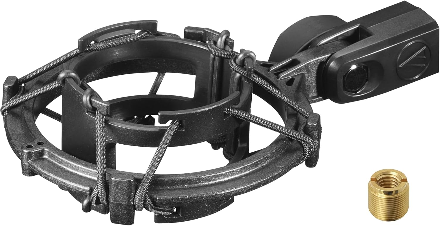 Suporte antichoque preto para microfone Audio-Technica com adaptador dourado para pedestal.