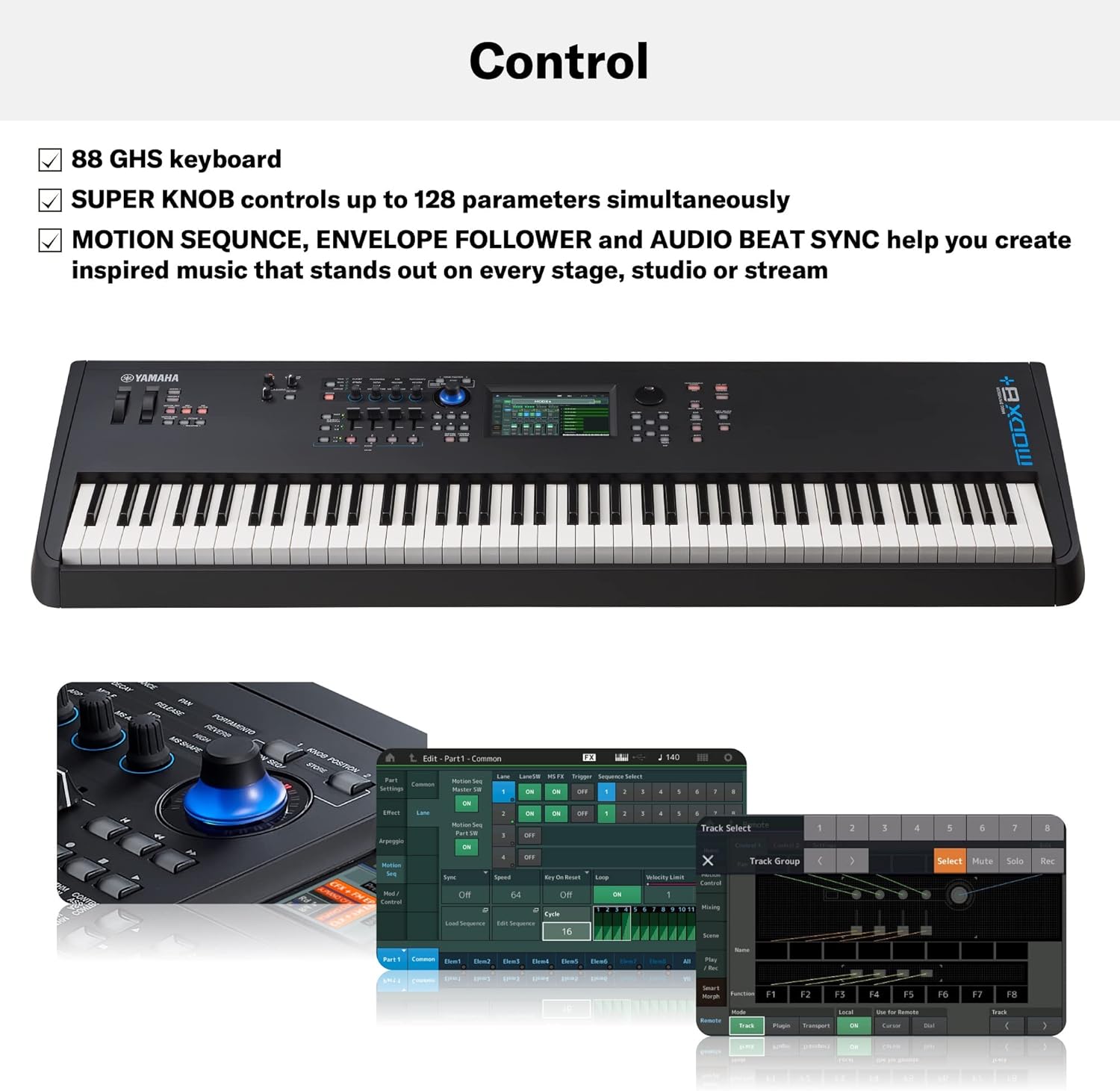 Controle avançado do Yamaha MODX8+ Plus com teclado GHS, Super Knob e funções Motion Sequence