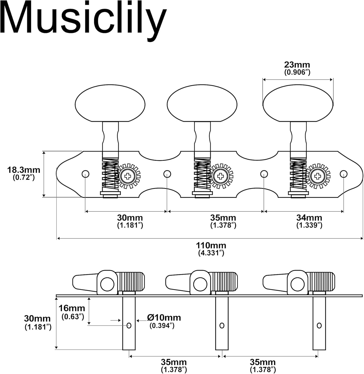 Diagrama técnico com medidas detalhadas das tarraxas Musiclily Pro para violão clássico