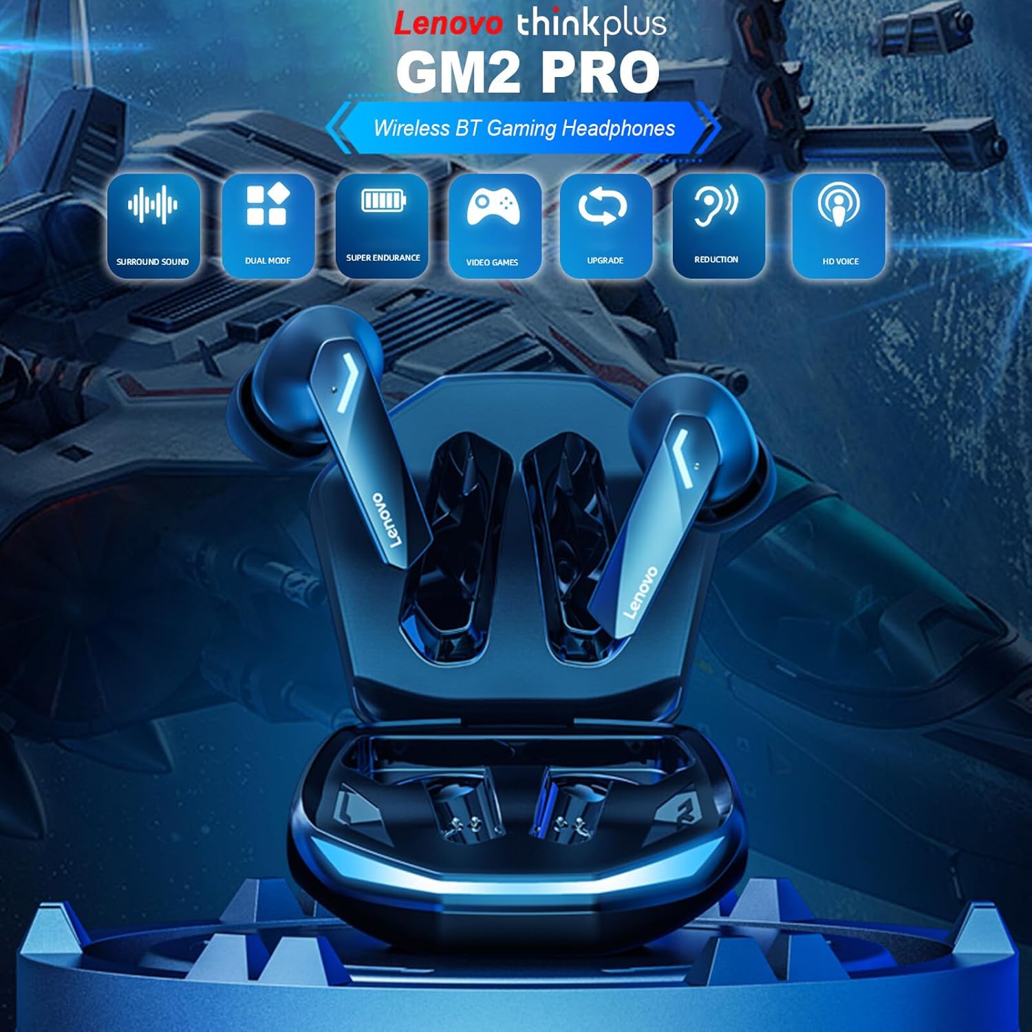 Fones Lenovo thinkplus GM2 Pro com funções avançadas como som surround 360 e cancelamento de ruído.