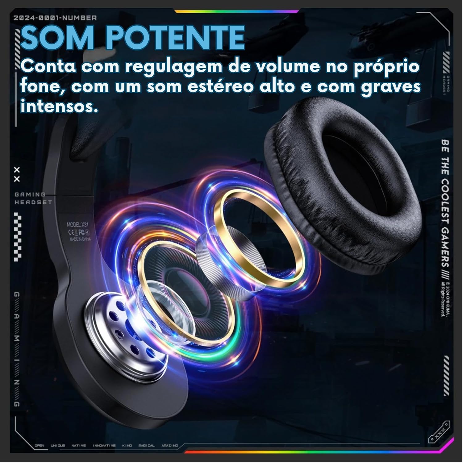 Detalhe drivers 50mm do headset Onikuma X31 com som potente, graves intensos e controle de volume integrado.