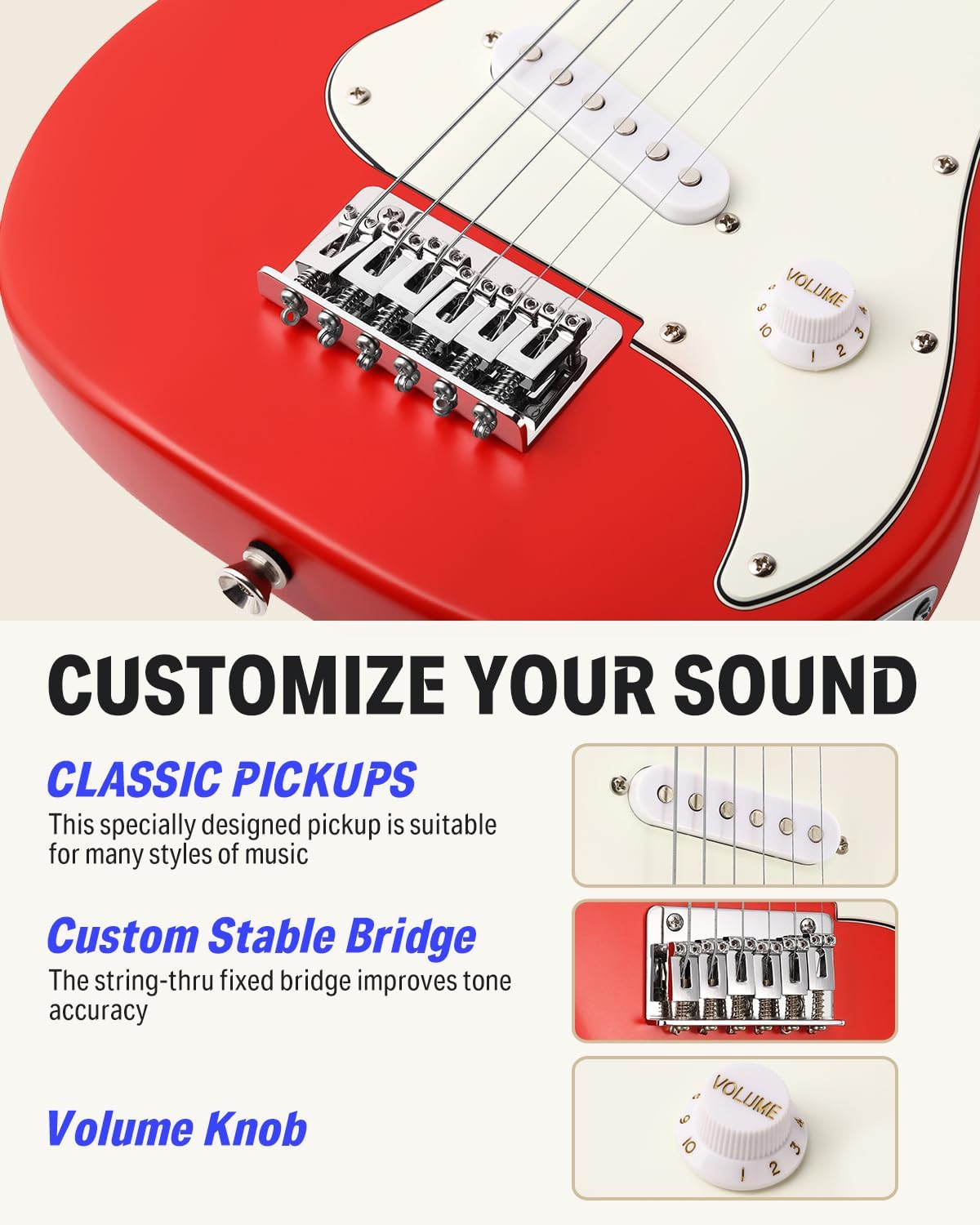 Close da ponte, captador classic singlecoil e botão de volume da guitarra elétrica Donner vermelha.