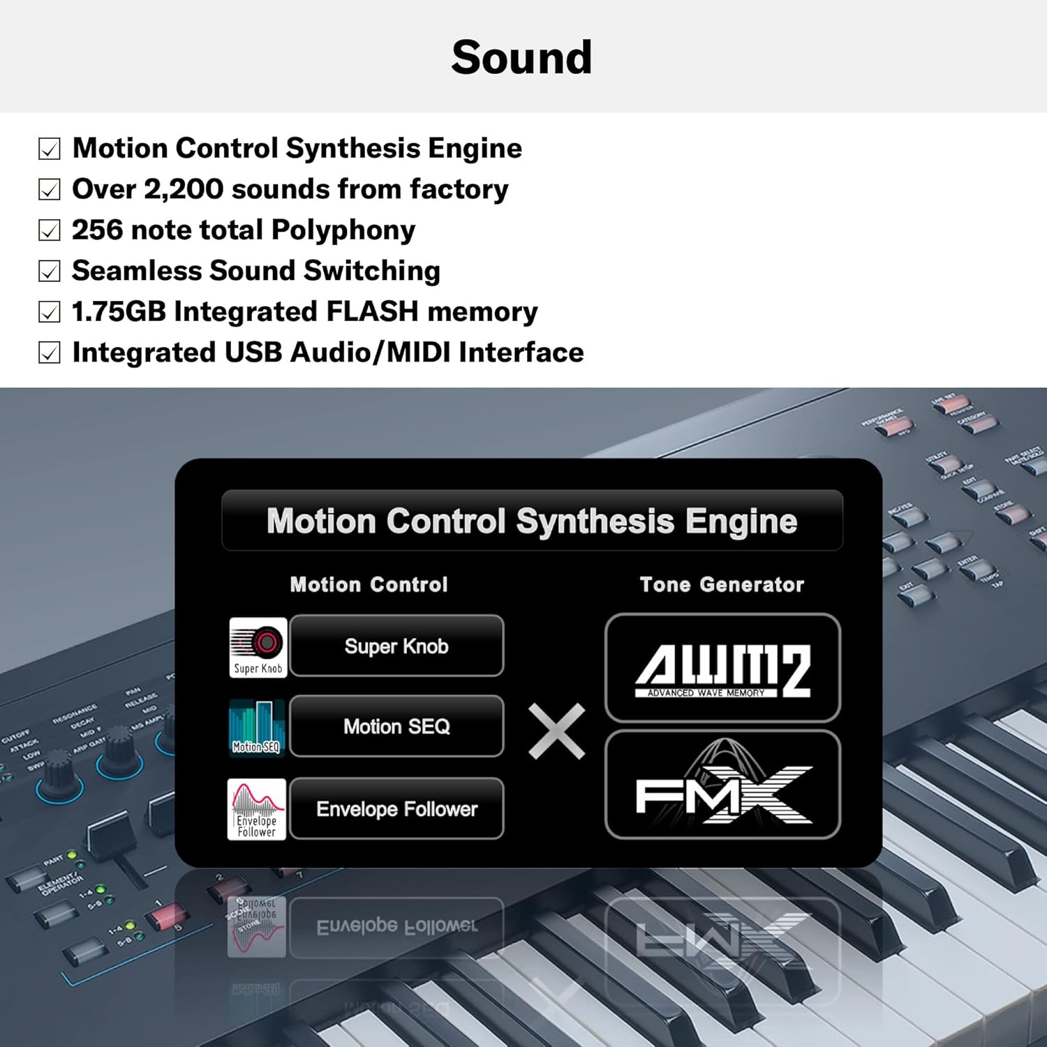 Características do som do Yamaha MODX8+ Plus sintetizador com 256 notas de polifonia e 2200 sons