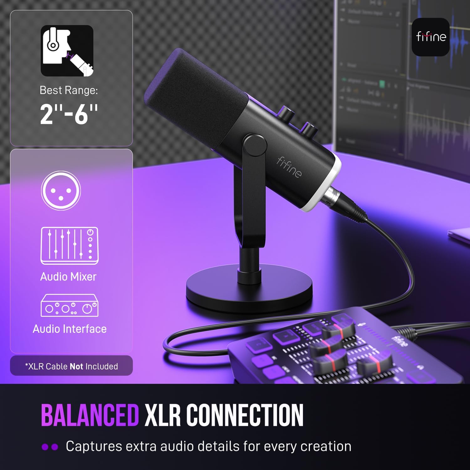 Microfone FIFINE AM8 com conexão XLR balanceada para áudio profissional em estúdio