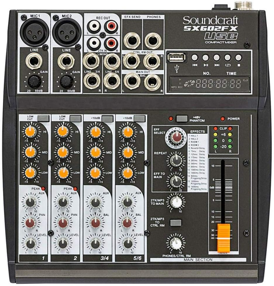 Soundcraft SX602FX USB mesa de som analógica 6 canais com entradas XLR, controle de efeitos e fader principal.