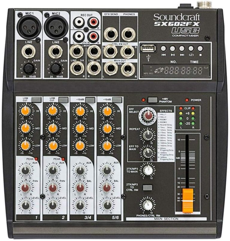 Soundcraft SX602FX USB mesa de som analógica 6 canais com USB, controles de ganho, equalização e efeitos, várias entradas e saídas.