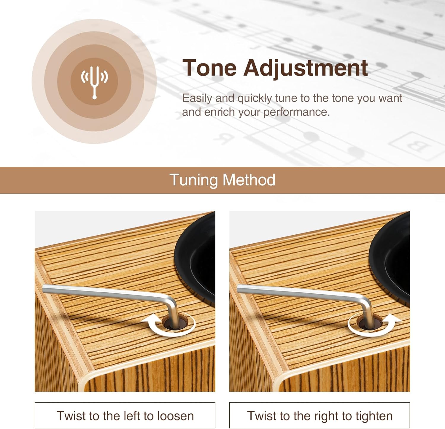 Instruções para ajuste de tom da caixa-cajon POGOLAB com ferramenta tipo chave allen.
