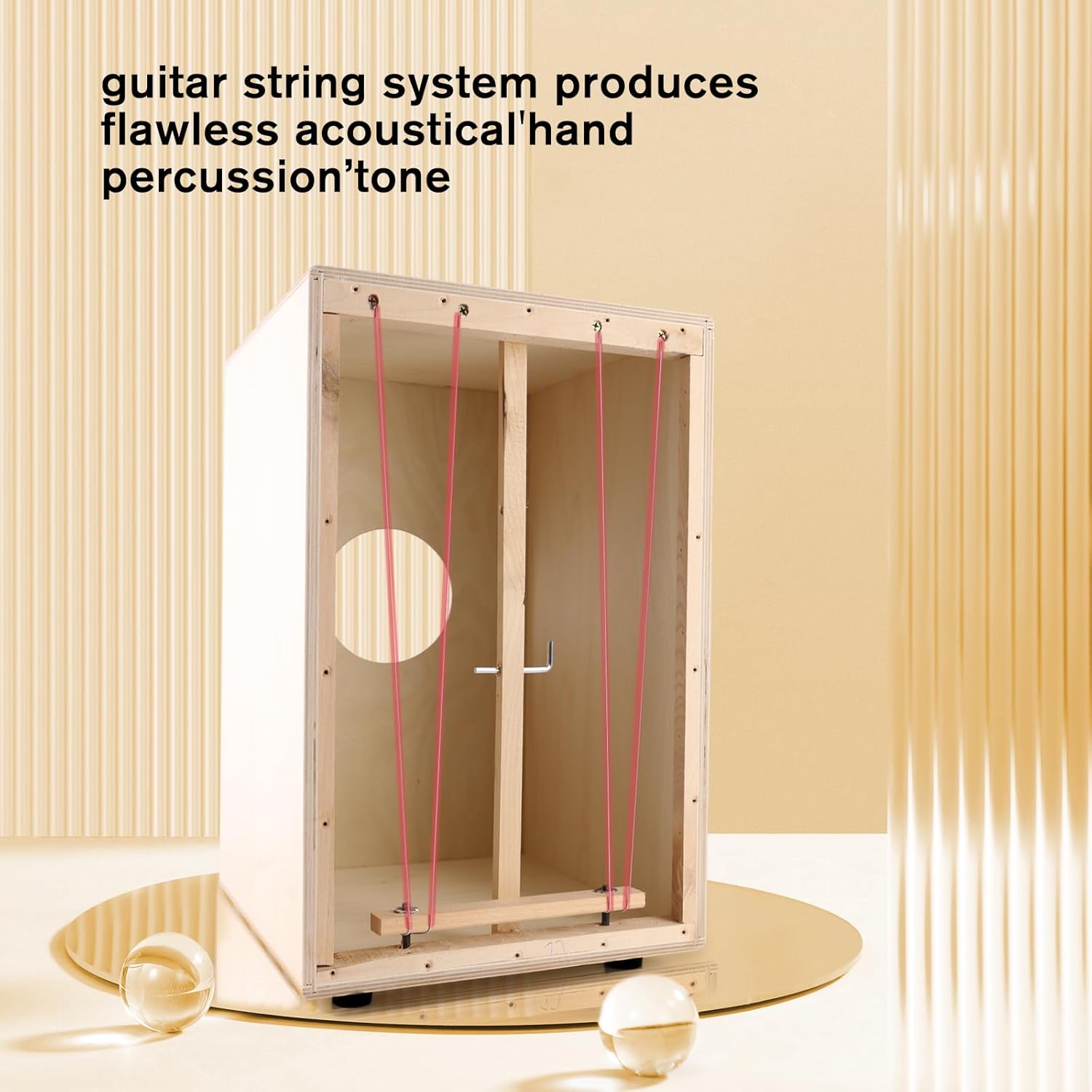Interior do cajon EASTROCK com sistema de cordas internas para tom acústico perfeito.