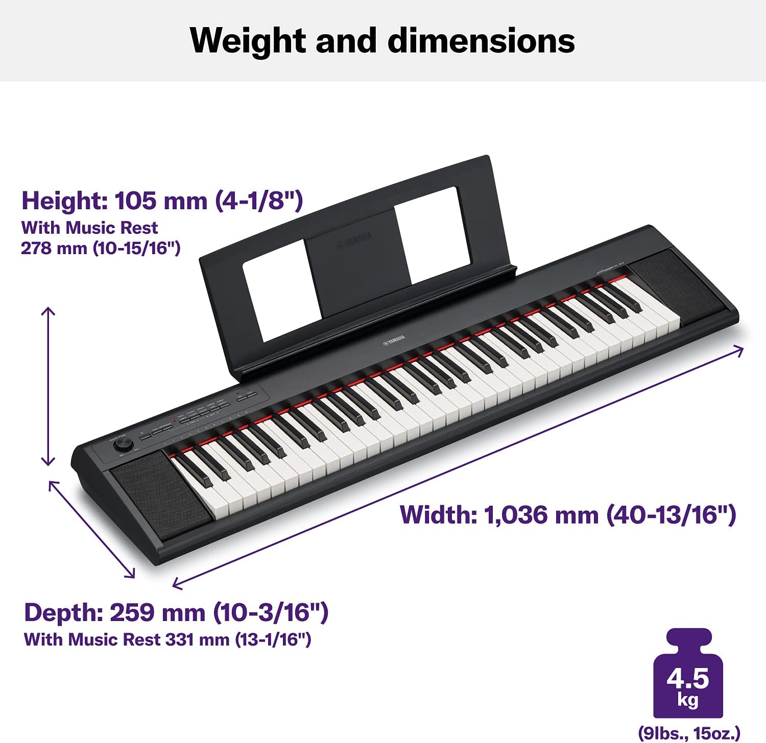 Teclado Yamaha NP12 com medidas e peso detalhados, incluindo suporte para partituras, destacando portabilidade e dimensões compactas