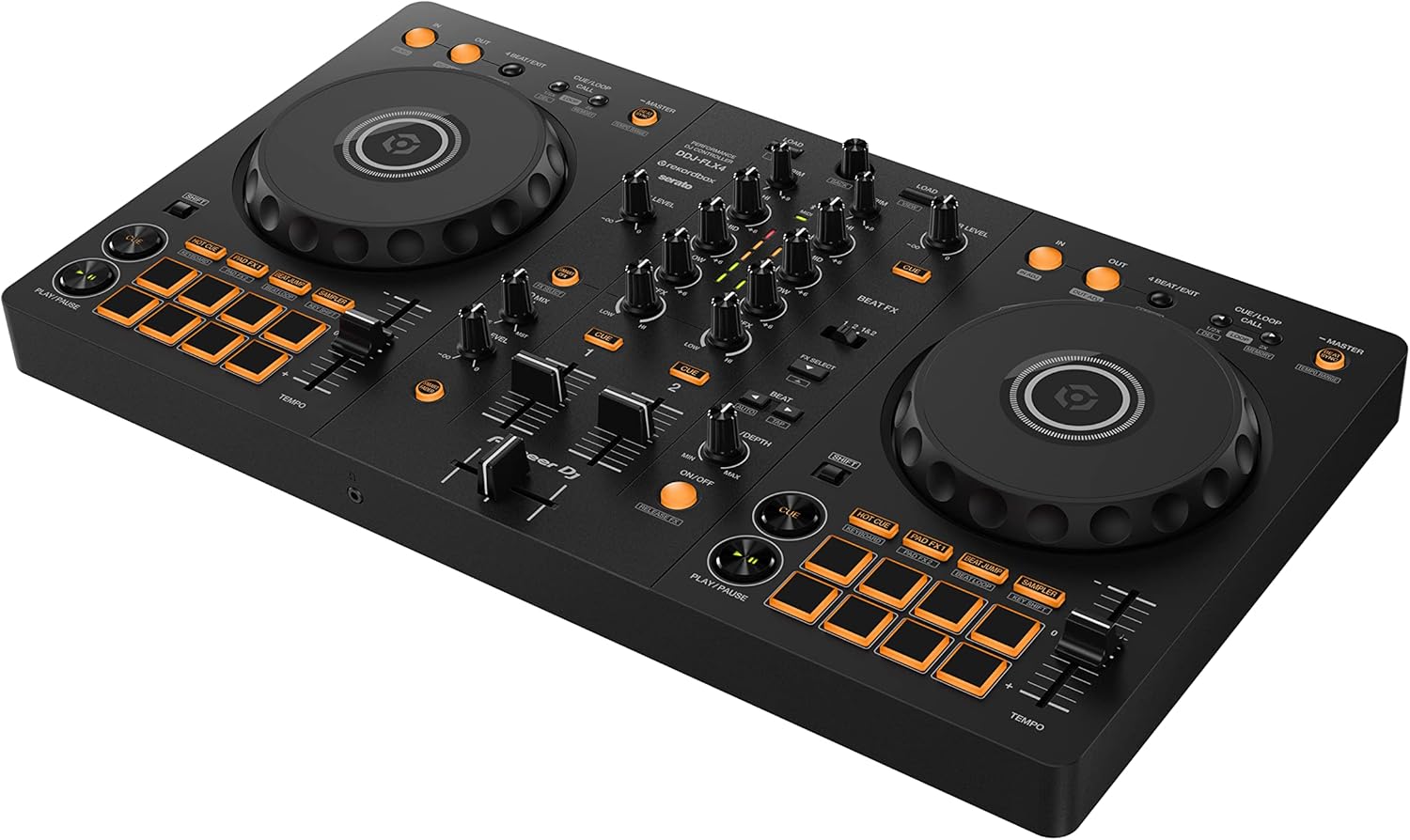Controlador DJ Pioneer DDJ-FLX4 grafite visto em perspectiva diagonal